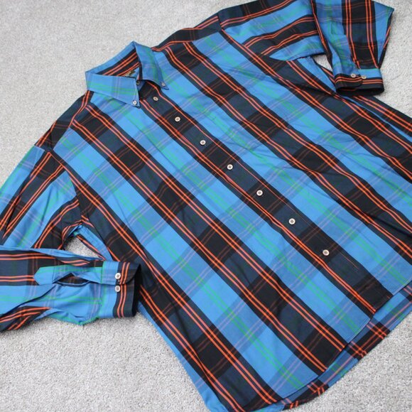 Gitman Bros Shirt Mens XL Blue/Black/Orange 100% Cotton Long Sleeve Button Down - Picture 7 of 14